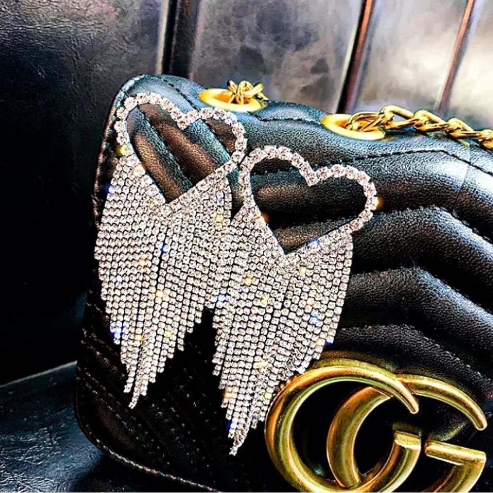 NEW Silver Crystal Rhinestone Tasseled Heart Statement Earrings